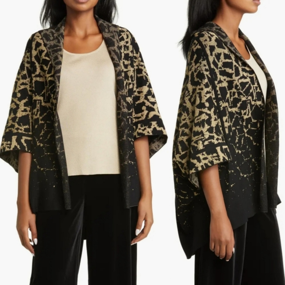 NWT Ming Wang jacquard knit relaxed open kimono cardigan sweater cape metallic